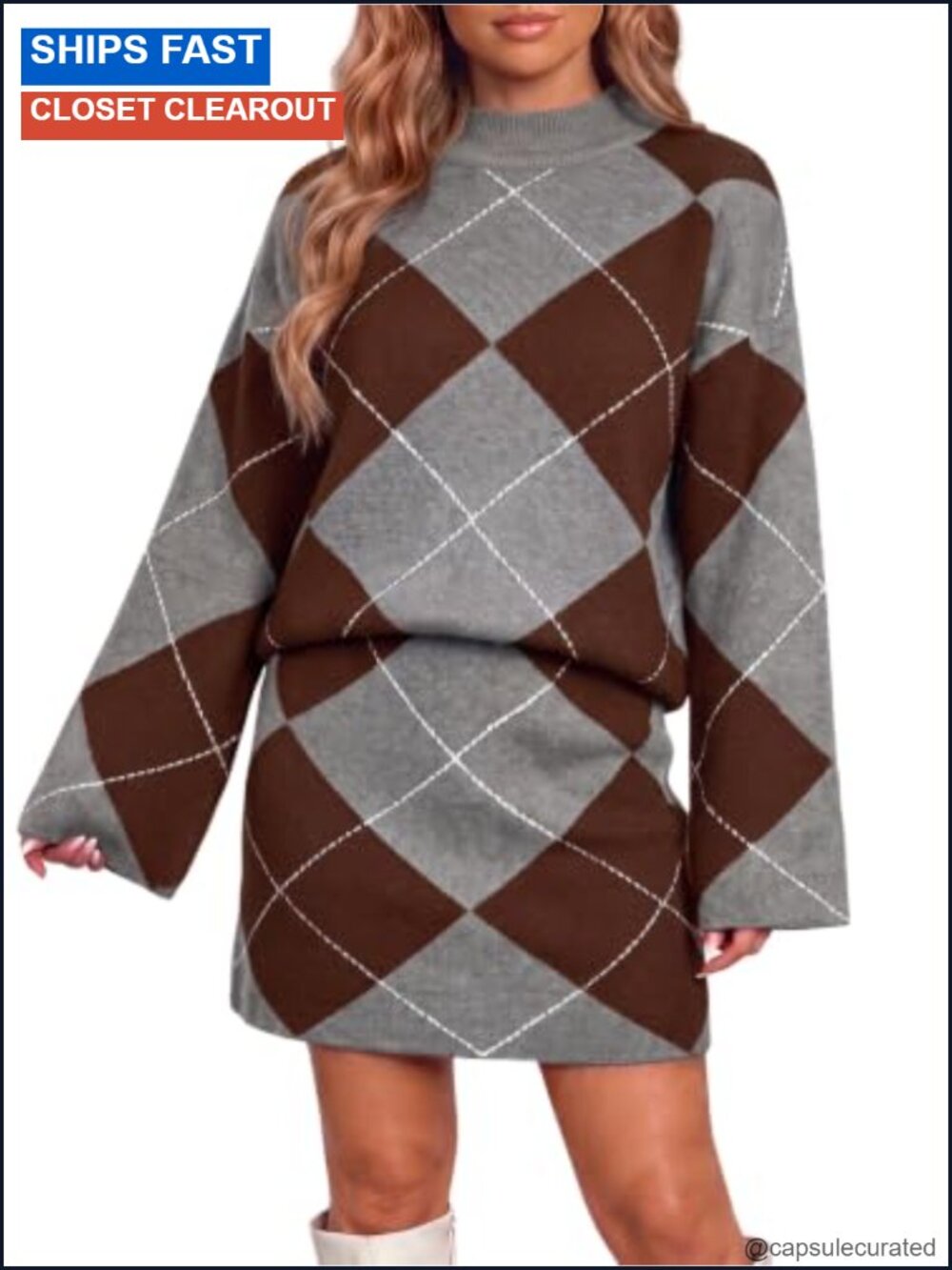 Women's Argyle Knit Sweater and Skirt 2-Piece Set, Loose Fit, Mock Neck